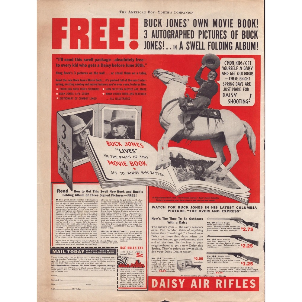 Vintage 1937 Daisy Air Rifles Buck Jones Print Ad Movie Book BB Gun Advertising - Picture 1 of 1